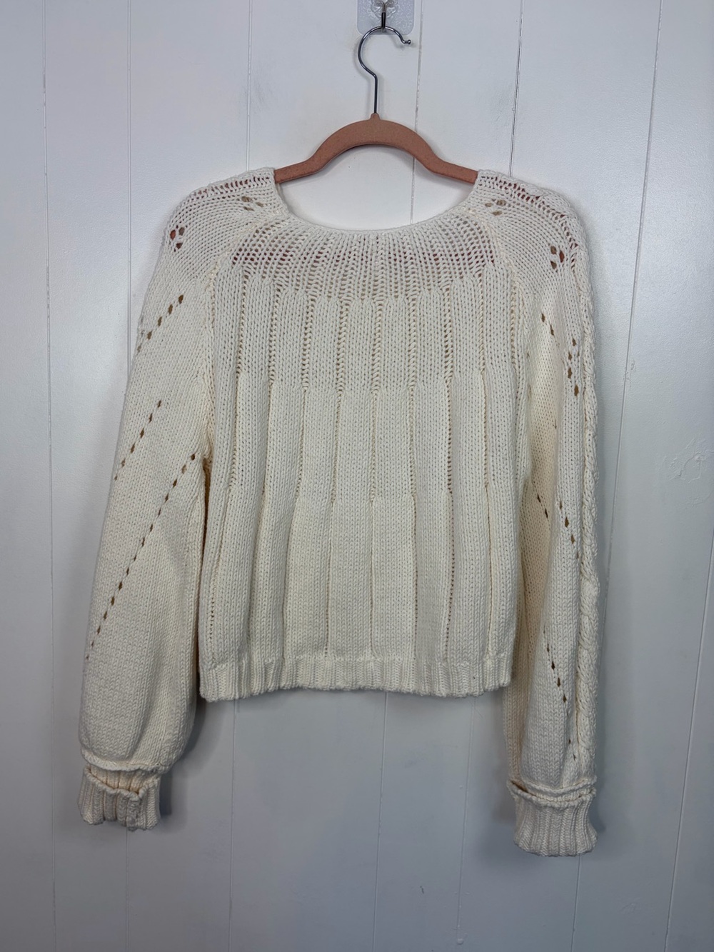 Free People Sandre Cream Cable Knit Long Sleeve Seeater Small Boho Cottagecore - Picture 6 of 9